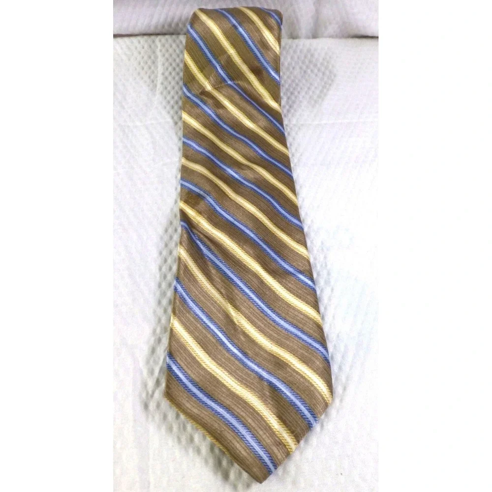 J. Khaki Mens 100% Silk Tie Brown & Blue Striped Pattern